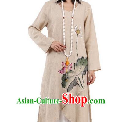 Top Chinese Traditional Costume Tang Suit Beige Linen Painting Lotus Qipao Dress, Pulian Meditation Clothing China Cheongsam Upper Outer Garment Dress for Women