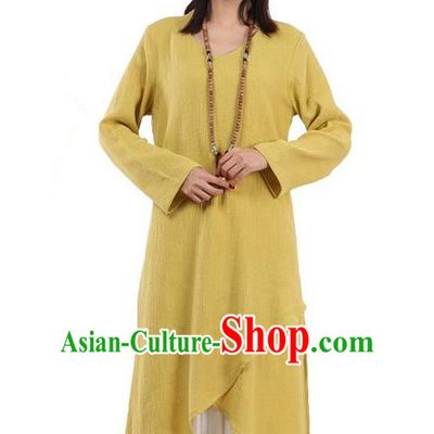 Top Chinese Traditional Costume Tang Suit Yellow Qipao Dress, Pulian Meditation Clothing China Cheongsam Upper Outer Garment Dress for Women