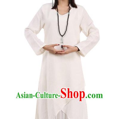 Top Chinese Traditional Costume Tang Suit White Qipao Dress, Pulian Meditation Clothing China Cheongsam Upper Outer Garment Dress for Women