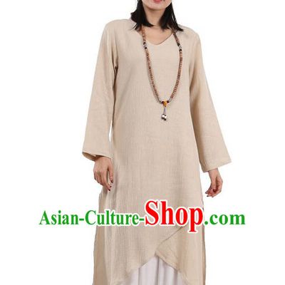 Top Chinese Traditional Costume Tang Suit Beige Qipao Dress, Pulian Meditation Clothing China Cheongsam Upper Outer Garment Dress for Women