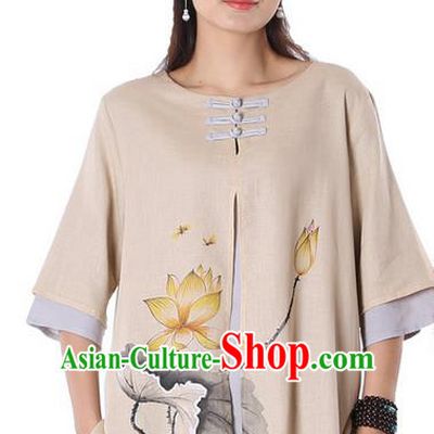 Top Chinese Traditional Costume Tang Suit Double-deck Khaki Ink Painting Lotus Blouse, Pulian Zen Clothing China Cheongsam Upper Outer Garment Plated Buttons Shirts for Women