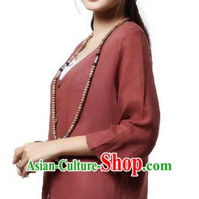 Top Chinese Traditional Costume Tang Suit Purplish Red Linen Qipao Coats, Pulian Clothing Republic of China Upper Outer Garment Dust Coats for Women