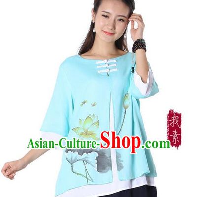 Top Chinese Traditional Costume Tang Suit Double-deck Blue Ink Painting Lotus Blouse, Pulian Zen Clothing China Cheongsam Upper Outer Garment Plated Buttons Shirts for Women
