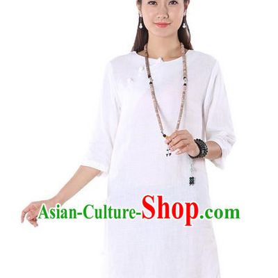 Top Chinese Traditional Costume Tang Suit White Linen Qipao Yoga Dress, Pulian Clothing Republic of China Cheongsam Upper Outer Garment Dress for Women
