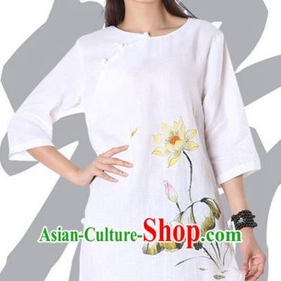 Top Chinese Traditional Costume Tang Suit White Linen Qipao Painting Lotus Yoga Dress, Pulian Clothing Republic of China Cheongsam Upper Outer Garment Dress for Women
