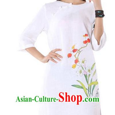 Top Chinese Traditional Costume Tang Suit White Linen Qipao Painting Daffodil Yoga Dress, Pulian Clothing Republic of China Cheongsam Upper Outer Garment Dress for Women