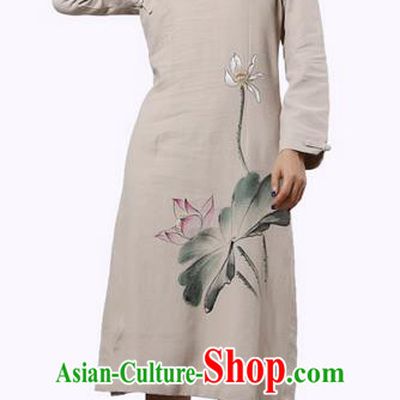 Top Chinese Traditional Costume Tang Suit Slant Opening Plated Buttons Qipao Dress, Pulian Clothing Republic of China Cheongsam Painting Lotus Beige Dress for Women