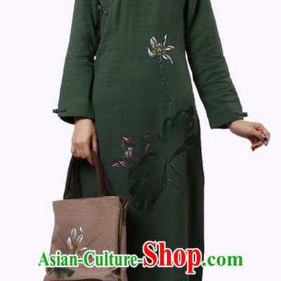 Top Chinese Traditional Costume Tang Suit Slant Opening Plated Buttons Qipao Dress, Pulian Clothing Republic of China Cheongsam Painting Lotus Green Dress for Women