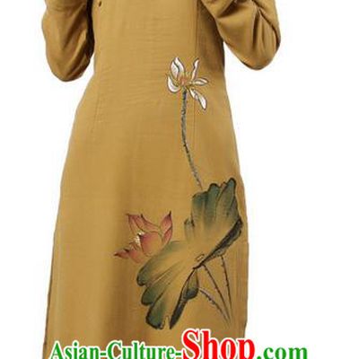Top Chinese Traditional Costume Tang Suit Slant Opening Plated Buttons Qipao Dress, Pulian Clothing Republic of China Cheongsam Painting Lotus Khaki Dress for Women