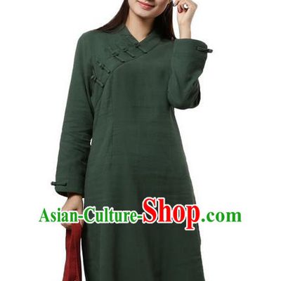Top Chinese Traditional Costume Tang Suit Slant Opening Plated Buttons Qipao Dress, Pulian Clothing Republic of China Cheongsam Green Dress for Women