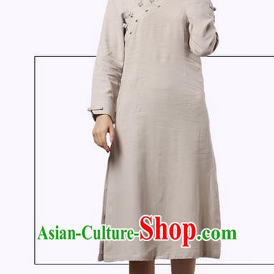 Top Chinese Traditional Costume Tang Suit Slant Opening Plated Buttons Qipao Dress, Pulian Clothing Republic of China Cheongsam Beige Dress for Women