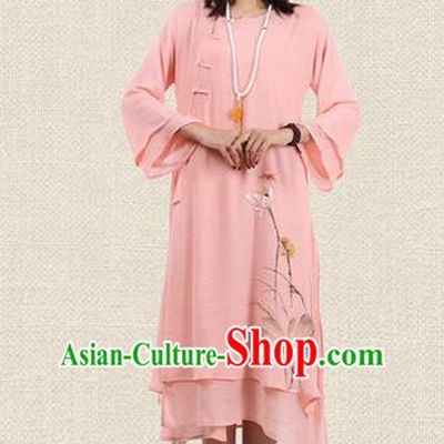 Top Chinese Traditional Costume Tang Suit Pink Plated Buttons Qipao Dress, Pulian Clothing Republic of China Cheongsam Hand Painting Lotus Dress for Women