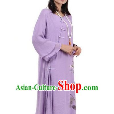 Top Chinese Traditional Costume Tang Suit Purple Plated Buttons Qipao Dress, Pulian Clothing Republic of China Cheongsam Hand Painting Lotus Dress for Women