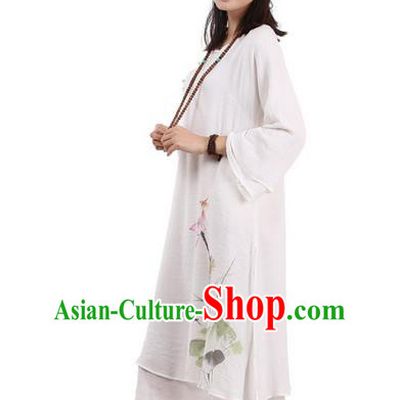Top Chinese Traditional Costume Tang Suit White Plated Buttons Qipao Dress, Pulian Clothing Republic of China Cheongsam Hand Painting Lotus Dress for Women