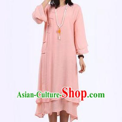 Top Chinese Traditional Costume Tang Suit Pink Plated Buttons Qipao Dress, Pulian Clothing Republic of China Cheongsam Dress for Women