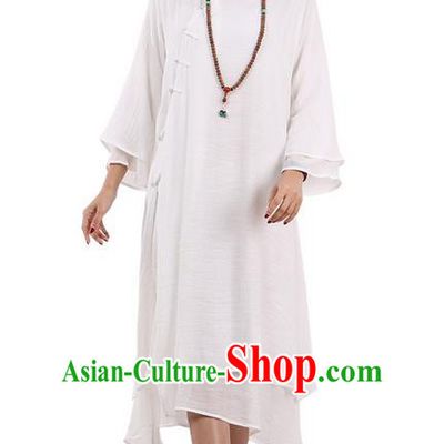 Top Chinese Traditional Costume Tang Suit White Plated Buttons Qipao Dress, Pulian Clothing Republic of China Cheongsam Dress for Women