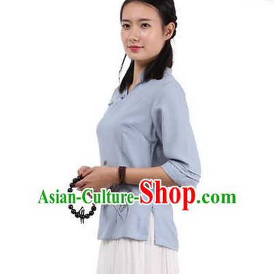 Top Chinese Traditional Costume Tang Suit Blue Painting Lotus Blouse, Pulian Zen Clothing China Cheongsam Upper Outer Garment Slant Opening Shirts for Women