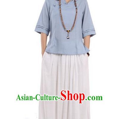 Top Chinese Traditional Costume Tang Suit Blue Painting Lotus Blouse, Pulian Zen Clothing China Cheongsam Upper Outer Garment Slant Opening Shirts for Women