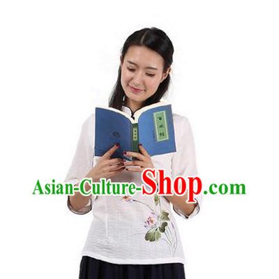 Top Chinese Traditional Costume Tang Suit White Black Edge Painting Lotus Blouse, Pulian Zen Clothing China Cheongsam Upper Outer Garment Slant Opening Shirts for Women