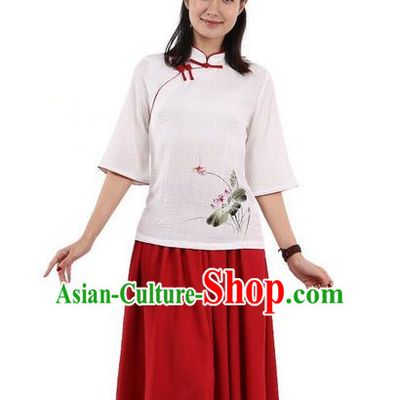 Top Chinese Traditional Costume Tang Suit White Red Edge Painting Lotus Blouse, Pulian Zen Clothing China Cheongsam Upper Outer Garment Slant Opening Shirts for Women