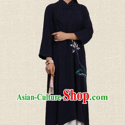 Top Chinese Traditional Costume Tang Suit Linen Qipao Pattern Navy Dress, Pulian Clothing Republic of China Cheongsam Upper Outer Garment Painting Lotus Dress for Women