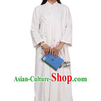 Top Chinese Traditional Costume Tang Suit Linen Qipao Pattern White Dress, Pulian Clothing Republic of China Cheongsam Upper Outer Garment Painting Lotus Dress for Women