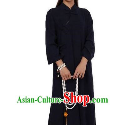 Top Chinese Traditional Costume Tang Suit Linen Qipao Pattern Navy Dress, Pulian Clothing Republic of China Cheongsam Upper Outer Garment Dress for Women