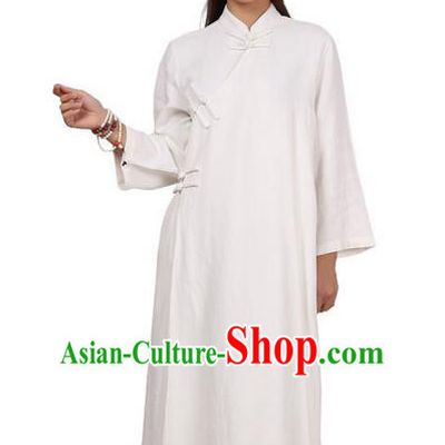 Top Chinese Traditional Costume Tang Suit Linen Qipao Pattern White Dress, Pulian Clothing Republic of China Cheongsam Upper Outer Garment Dress for Women