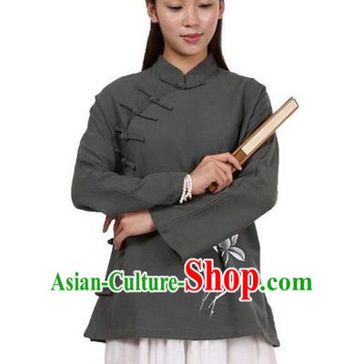 Top Chinese Traditional Costume Tang Suit Linen Upper Outer Garment Atrovirens Blouse, Pulian Zen Clothing Republic of China Cheongsam Painting Flower Shirts for Women