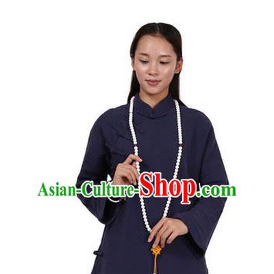 Top Chinese Traditional Costume Tang Suit Linen Upper Outer Garment Navy Blouse, Pulian Zen Clothing Republic of China Cheongsam Shirts for Women