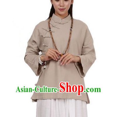 Top Chinese Traditional Costume Tang Suit Linen Upper Outer Garment Khaki Blouse, Pulian Zen Clothing Republic of China Cheongsam Shirts for Women