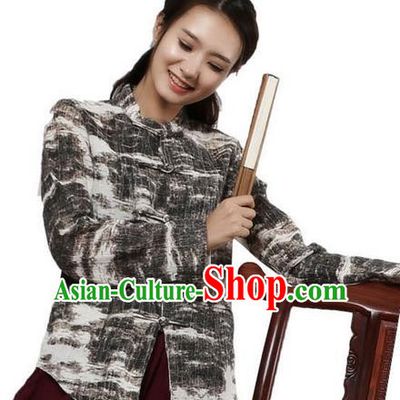 Top Chinese Traditional Costume Tang Suit Ramie Grey Blouse, Pulian Zen Clothing China Cheongsam Upper Outer Garment Plated Buttons Shirts for Women