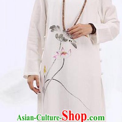 Top Chinese Traditional Costume Tang Suit Plated Buttons Ramie Outer Garment Dress, Pulian Zen Clothing Republic of China Cheongsam Beige Painting Lotus Dress for Women