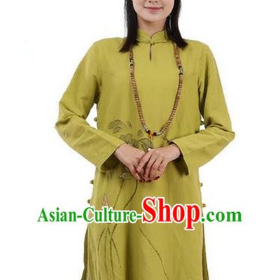 Top Chinese Traditional Costume Tang Suit Plated Buttons Ramie Outer Garment Dress, Pulian Zen Clothing Republic of China Cheongsam Green Painting Lotus Dress for Women