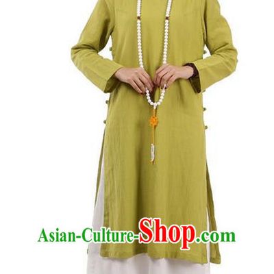 Top Chinese Traditional Costume Tang Suit Plated Buttons Ramie Outer Garment Dress, Pulian Zen Clothing Republic of China Cheongsam Green Dress for Women