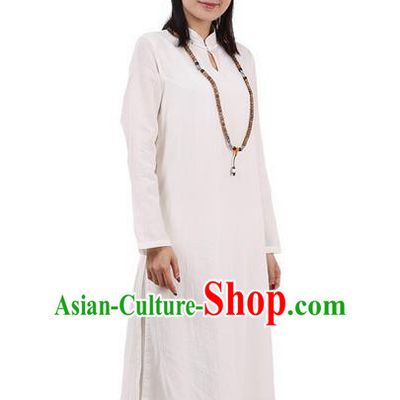 Top Chinese Traditional Costume Tang Suit Plated Buttons Ramie Outer Garment Dress, Pulian Zen Clothing Republic of China Cheongsam Beige Dress for Women