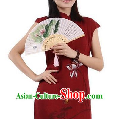 Top Chinese Traditional Costume Tang Suit Stand Collar Outer Garment Qipao Dress, Pulian Zen Clothing Republic of China Short Cheongsam Painting Lotus Red Dress for Women