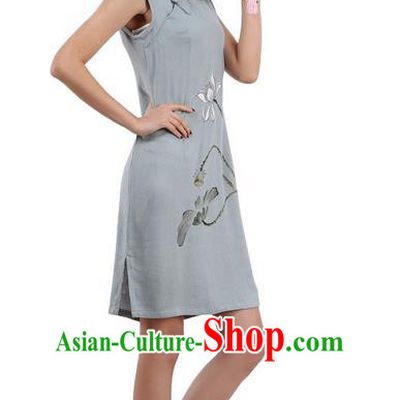 Top Chinese Traditional Costume Tang Suit Stand Collar Outer Garment Qipao Dress, Pulian Zen Clothing Republic of China Short Cheongsam Painting Lotus Blue Dress for Women