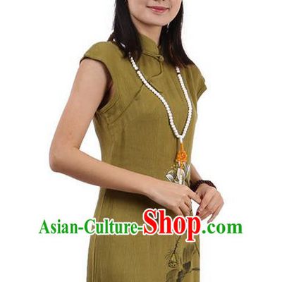 Top Chinese Traditional Costume Tang Suit Stand Collar Outer Garment Qipao Dress, Pulian Zen Clothing Republic of China Short Cheongsam Painting Lotus Green Dress for Women