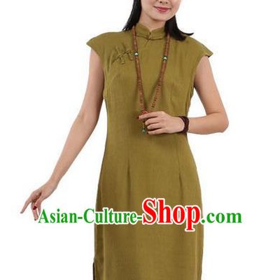 Top Chinese Traditional Costume Tang Suit Stand Collar Outer Garment Qipao Dress, Pulian Zen Clothing Republic of China Short Cheongsam Green Dress for Women