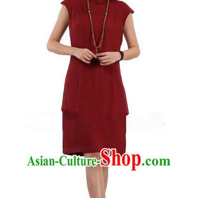 Top Chinese Traditional Costume Tang Suit Stand Collar Outer Garment Qipao Dress, Pulian Zen Clothing Republic of China Short Cheongsam Red Dress for Women