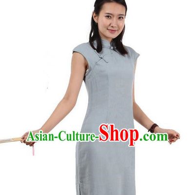 Top Chinese Traditional Costume Tang Suit Stand Collar Outer Garment Qipao Dress, Pulian Zen Clothing Republic of China Short Cheongsam Blue Dress for Women