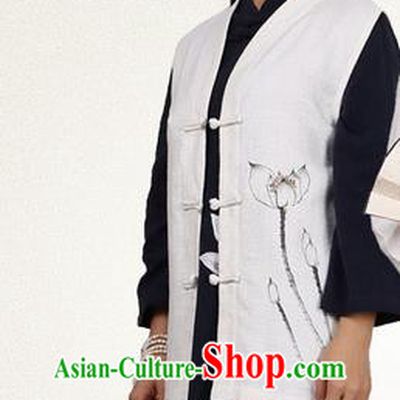 Top Chinese Traditional Costume Tang Suit Plated Buttons Upper Outer Garment Vest, Pulian Zen Clothing Republic of China Waistcoat Painting Lotus White Cappa for Women