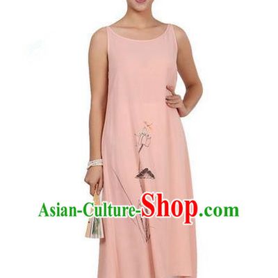 Top Chinese Traditional Costume Tang Suit Linen Painting Lotus Sundress, Pulian Zen Clothing Republic of China Pinafore Dress Pink Dress for Women