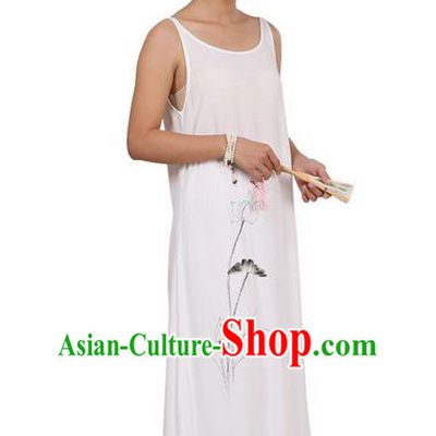Top Chinese Traditional Costume Tang Suit Linen Painting Lotus Sundress, Pulian Zen Clothing Republic of China Pinafore Dress White Dress for Women