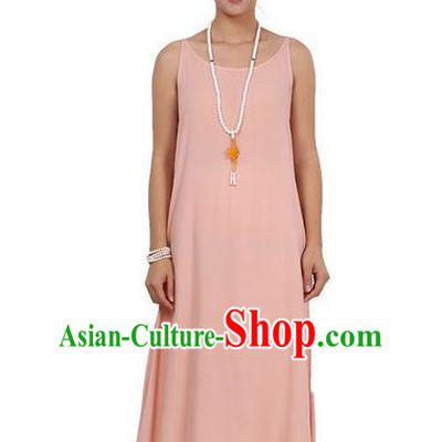 Top Chinese Traditional Costume Tang Suit Linen Sundress, Pulian Zen Clothing Republic of China Pinafore Dress Pink Dress for Women