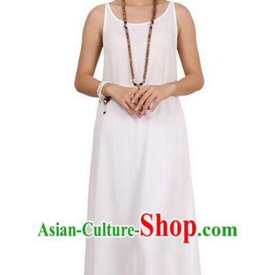 Top Chinese Traditional Costume Tang Suit Linen Sundress, Pulian Zen Clothing Republic of China Pinafore Dress White Dress for Women