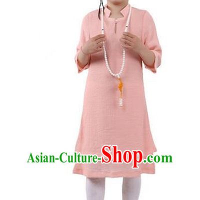 Top Chinese Traditional Costume Tang Suit Linen Qipao Children Dress, Pulian Zen Clothing Republic of China Cheongsam Pink Dress for Kids
