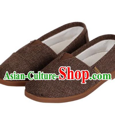 Top Chinese Traditional Linen Kong Fu Shoes, Pulian Zen Shoes China Martial Art Brown Cloth Shoe for Men