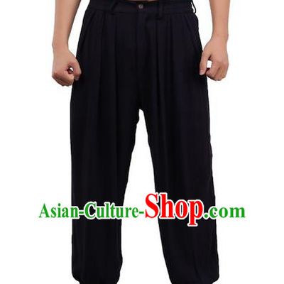 Top Chinese Traditional Linen Kong Fu Loose Pants, Pulian Zen Clothing China Martial Art Plus Fours Bloomers Black Trousers for Men